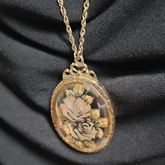 1928 Victorian Revival Transparent Roses Floral Pendant Necklace - Picture 7 of 14